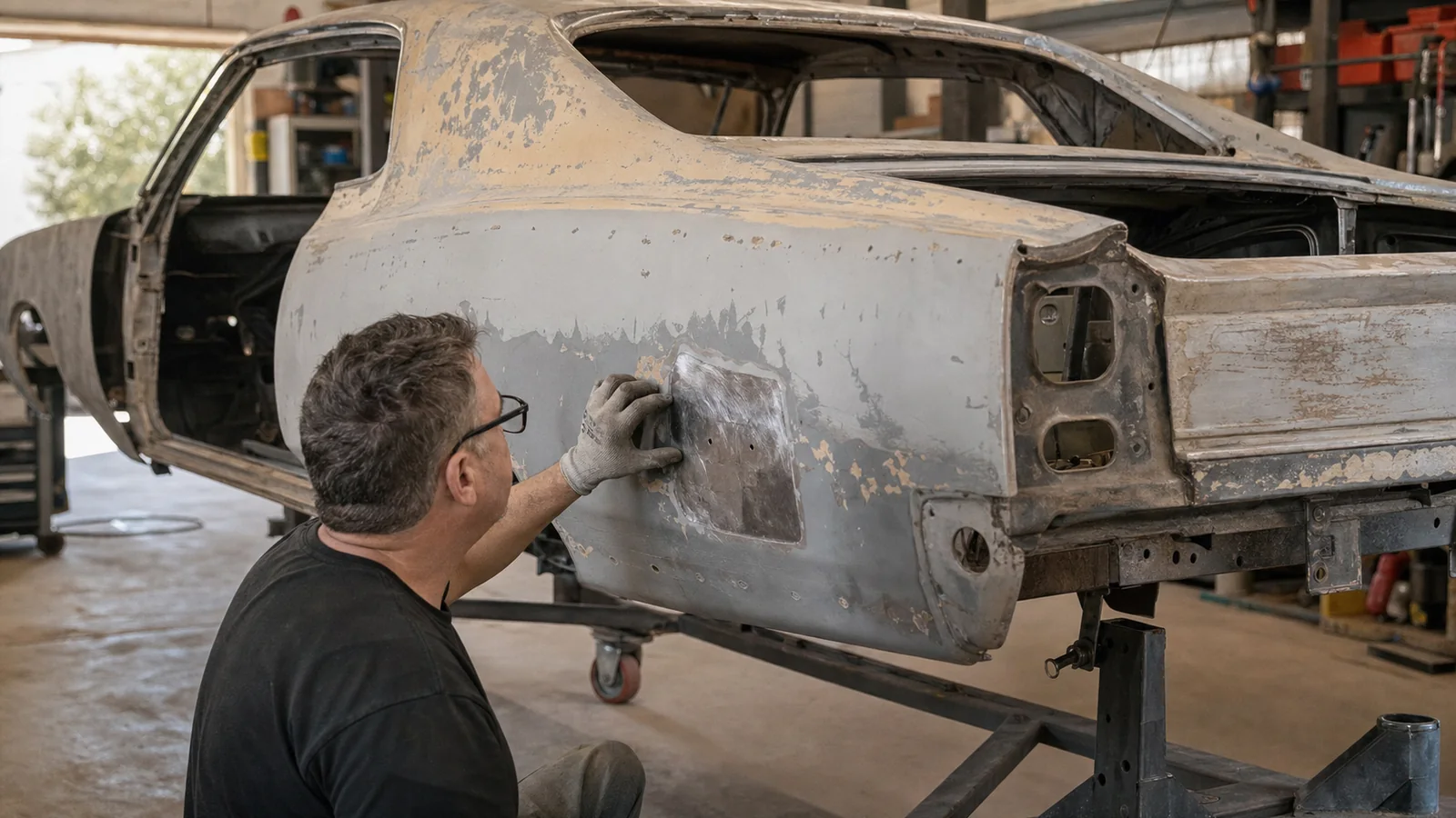 Classic car body undergoing a careful paint-removal evaluation at an Austin restoration workspace