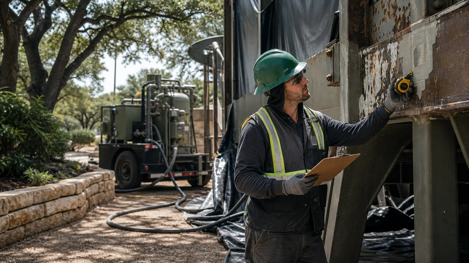Technician evaluating a coated metal surface before mobile dustless blasting in Austin