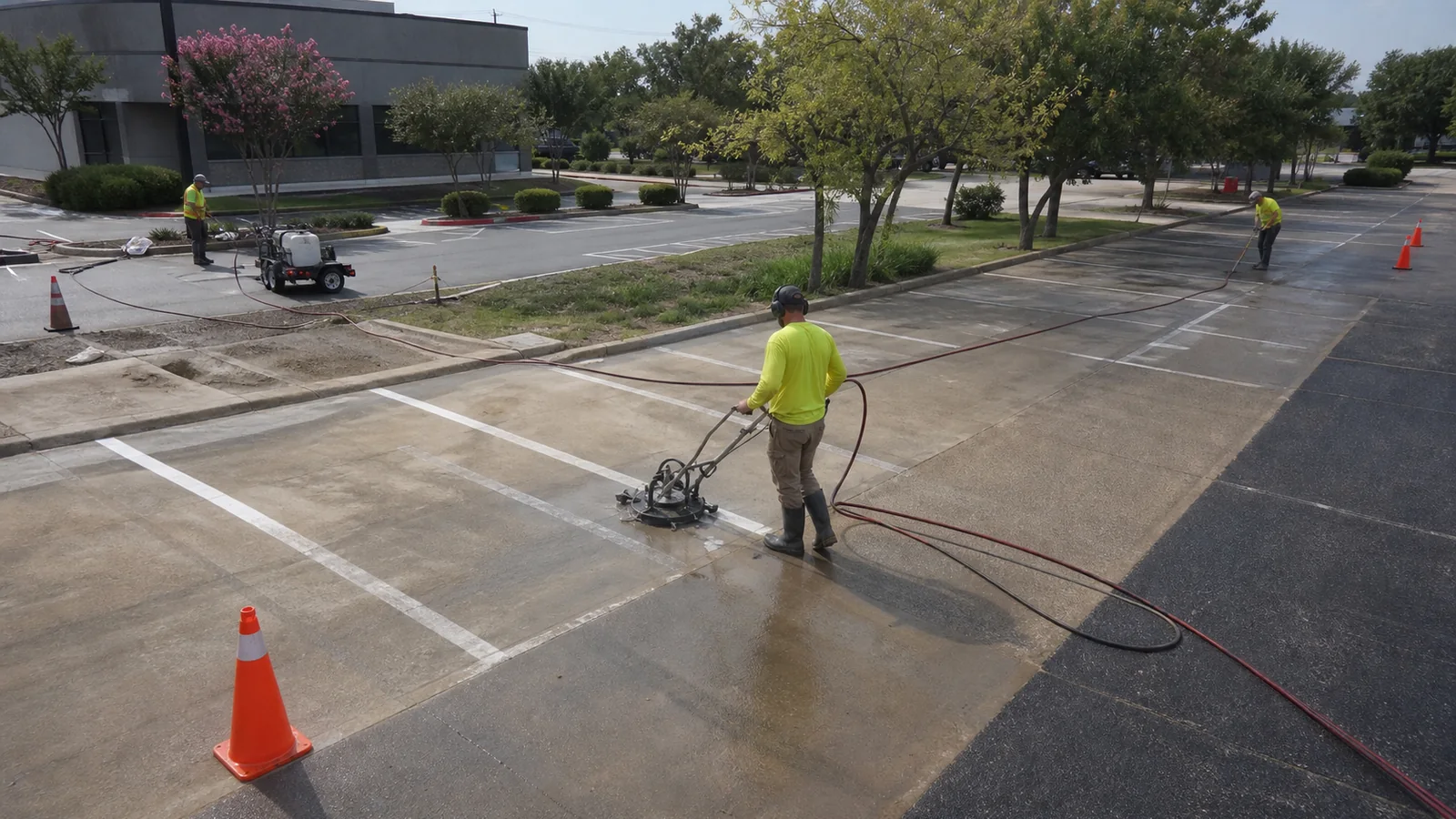 Surface preparation equipment removing old parking lot striping from commercial pavement in Austin