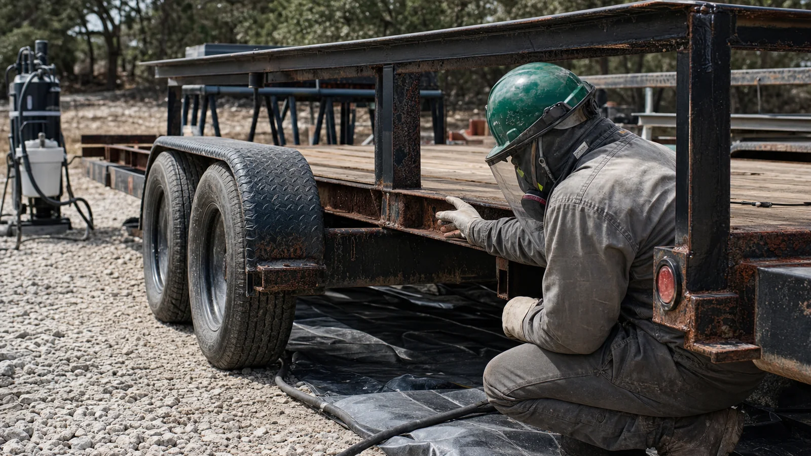 Corroded utility trailer frame being assessed for mobile surface preparation at an Austin-area yard